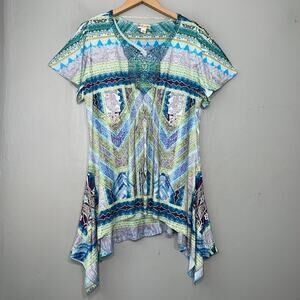 World Unity Embellished Tunic Top Size L Handkerchief Hem Boho Hippie Stretch